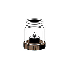 Vector Illustration of Jar Candle Glowing on Wooden Base for Home Decor and Relaxation