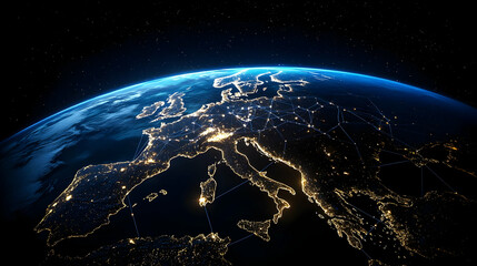 Illuminated Earth Globe Depicting European Continent In Deep Space At Night View Emphasizing Cities Lights Against Dark Background