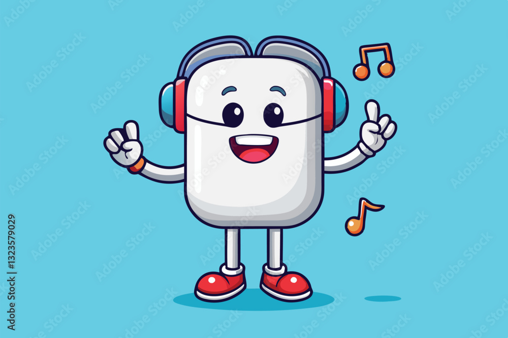 Poster cheerful cartoon character with headphones dancing joyfully on bright yellow background with musical