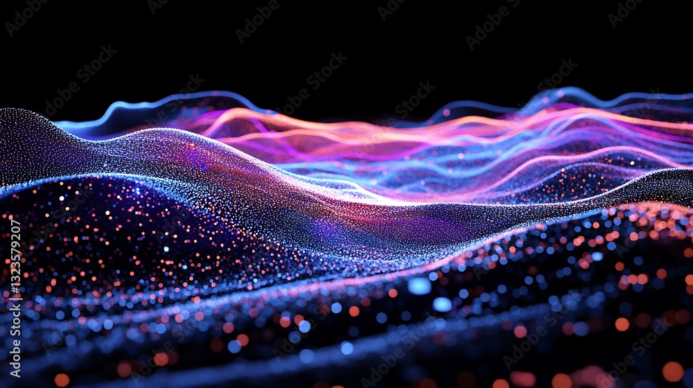 Poster abstract data visualization with flowing particles, digital art, and vibrant colors for background o