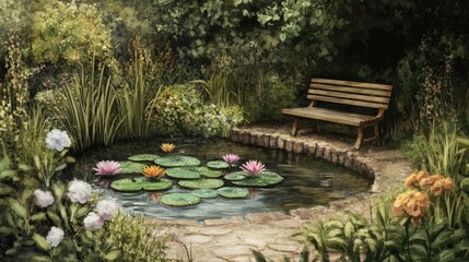 Obraz premium Serene Garden Pond with Wooden Bench and Water Lilies