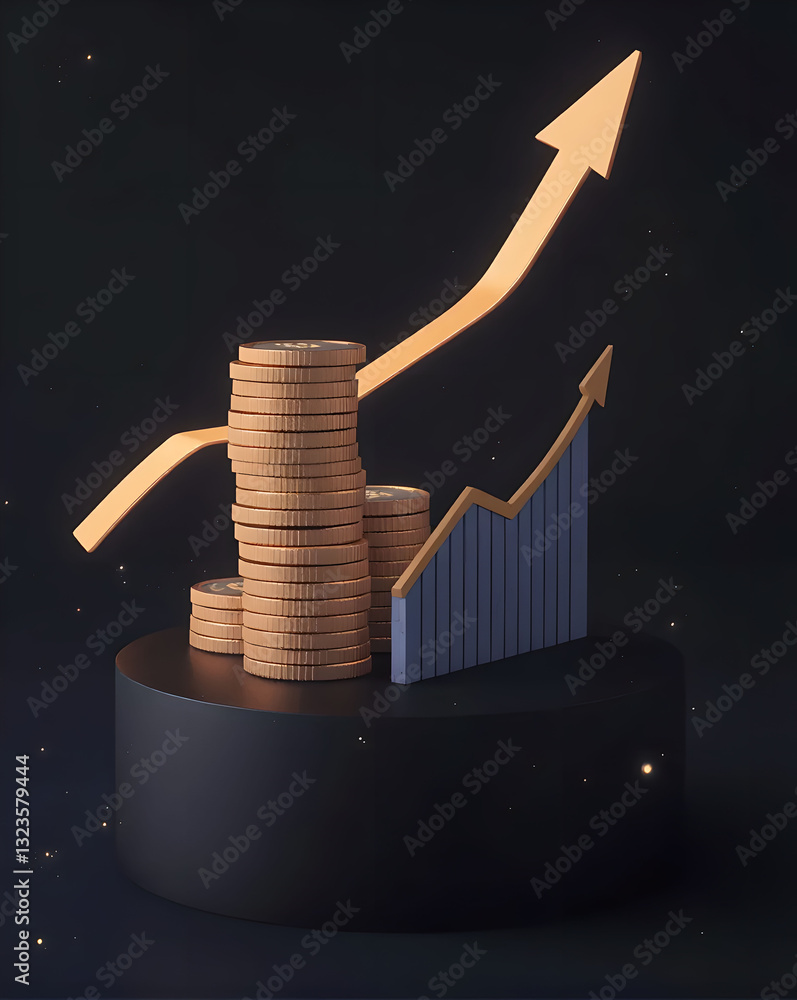 Poster 3d rendering of a stack of coins and a graph on a black background