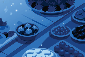 A meticulously styled monochromatic still life showcasing various foods, emphasizing textures and subtle light reflections.