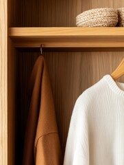 Minimalist Wardrobe Essentials Sustainable Wooden Closet Design Featuring Neutral Palette - Modern Capsule Wardrobe Organization Concept