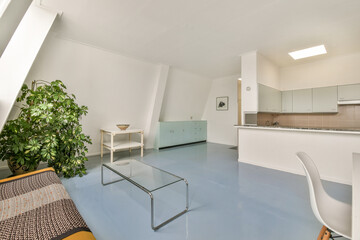 Spacious and airy interior featuring minimalist decor, a green plant, and sleek furniture that embodies contemporary design aesthetics.