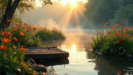 Serene Sunrise over a Calm Pond with Vibrant Orange Flowers and a Rustic Wooden Dock