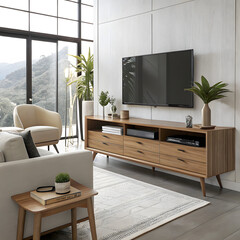 Stylish Living Room with Modern TV Unit and Scenic View