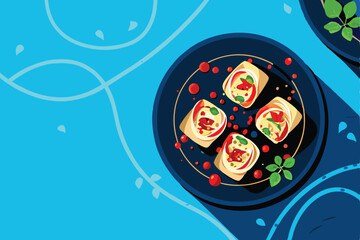 Overhead shot of meticulously arranged food plating, artistic culinary presentation, gourmet meal, restaurant dish.