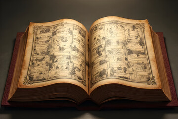 Obraz premium Open antique book showing ancient maps and writings under warm light