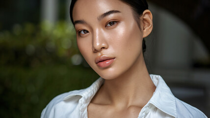 Close-Up Beauty Portrait of an Asian Woman with Radiant Skin Outdoors