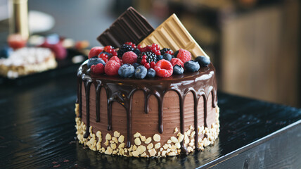 Chocolate Drip Cake with Berries and Chocolate Bars