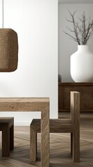 A contemporary dining room interior with wooden 