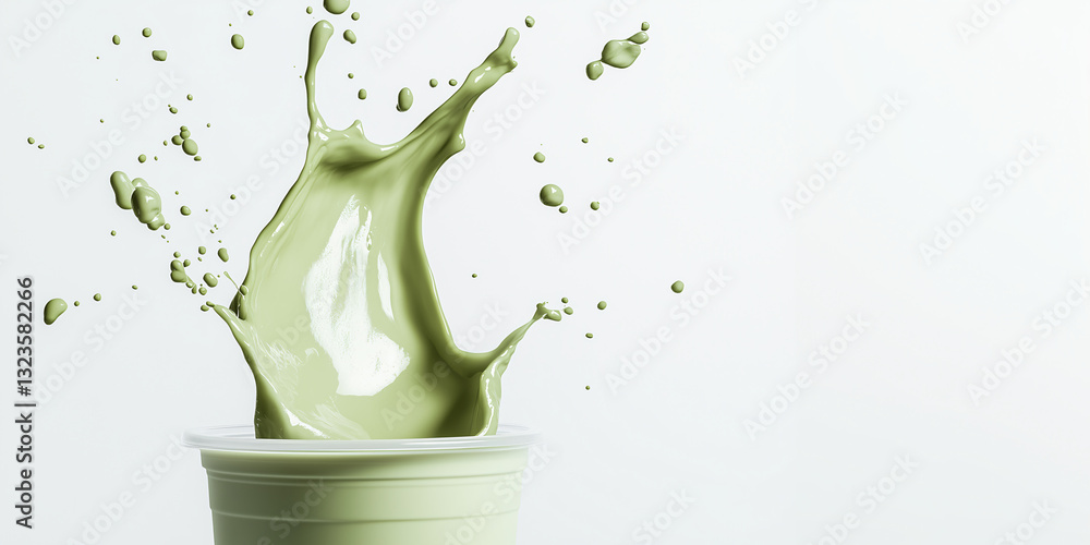 Poster dynamic matcha splash: captivating image of a matcha liquid erupting from a cup, capturing the vibra