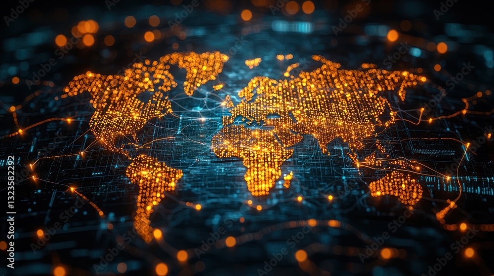 Poster global connectivity network illuminated world map technology concept