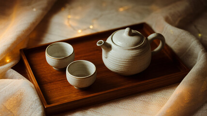Japanese-Inspired Tea Ceremony with Ceramic Teapot and Cups