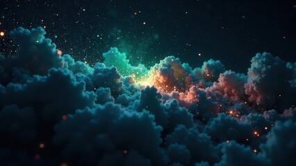Fototapeta premium Celestial Cloudscape An ethereal dreamscape of luminous clouds and sparkling dust, a vibrant cosmic panorama of otherworldly beauty, a breathtaking vision of nocturnal serenity.