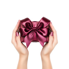 Gift of Celebration: A pair of hands delicately cradles a beautifully wrapped gift box adorned with a satin ribbon, symbolizing surprise, appreciation, and the joy of giving.
