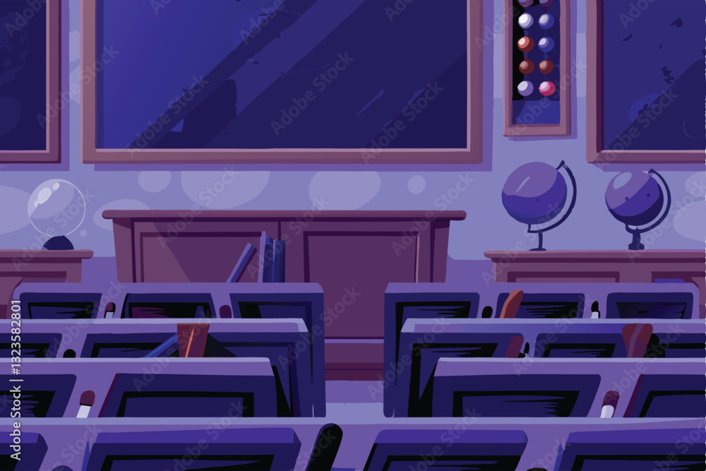 Poster create a seamless, repeating background pattern featuring vintage classroom elements like old desks,