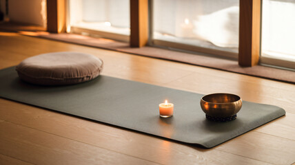 Serene Meditation Space with Candle and Singing Bowl