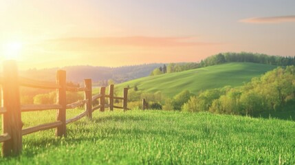Golden Hour Landscape: A breathtaking rural landscape is bathed in the warm glow of the golden hour, with rolling green hills.