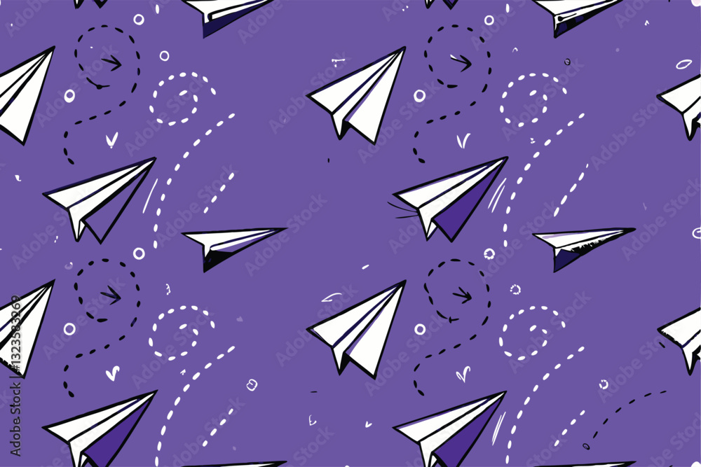 Poster create a whimsical seamless pattern of hand-drawn, doodle-style paper airplanes in various flight or