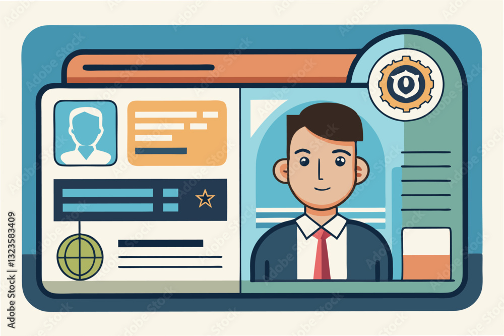 Poster Illustration of a personal identification card displaying a smiling character with basic details, including a unique number and a badge