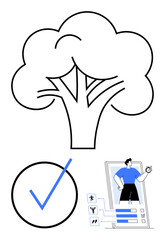 Tree as nature growth metaphor, progress checkmark, and fitness app user holding an apple. Ideal for health, fitness, growth, eco-living, progress, goals app design flat simple metaphor
