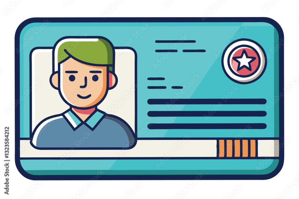 Poster Illustration of a personal identification card displaying a smiling character with basic details, including a unique number and a badge
