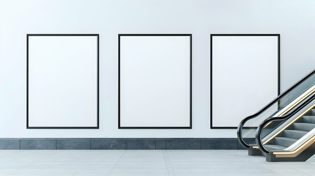 Three Blank Posters With Black Frames On White Wall Above Gray Concrete Flooring Next To Escalator