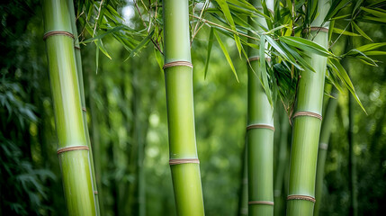 Obraz premium Close Up View of Lush Green Bamboo Stalks with Leafy Background in Nature