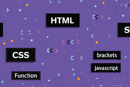 Generate a vibrant, seamless pattern featuring intricately designed HTML tags, CSS brackets, and JavaScript's 'j' character.  The style should be modern and playful.