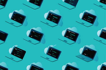 Create a vibrant, seamless pattern featuring diverse tech icons laptops, code snippets, and binary code, styled in a modern, minimalist aesthetic.