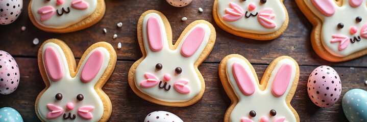 Delicious Easter cookies shaped like bunny faces and speckled eggs arranged on a rustic wooden surface, festive baking concept.