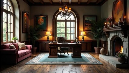 Fototapeta premium Serene Study with Antique Furnishings, Warm Firelight, and Abundant Natural Light Streaming Through Large Windows