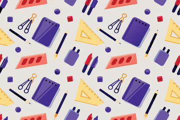 Create a vibrant, seamless pattern featuring colorful stitched school supplies like pencils, rulers, erasers, and notebooks on a bright background.