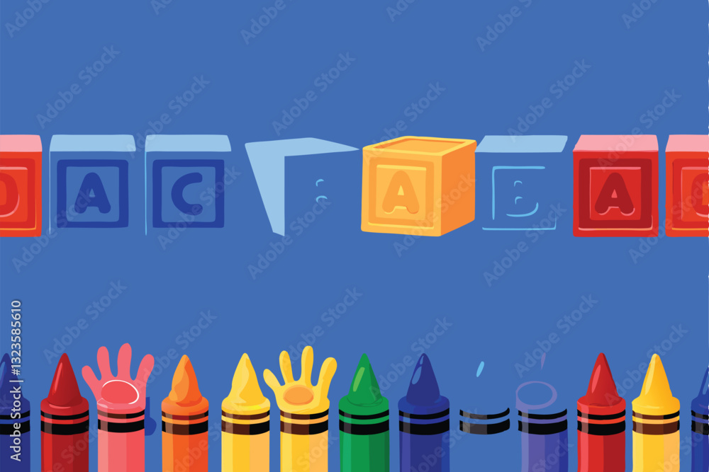 Poster create a vibrant, seamless vector pattern featuring colorful alphabet blocks drawn in a crayon style