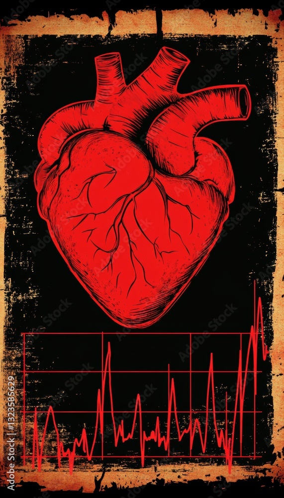 Poster bold red human heart with pulsating red line graph on dark background. minimalist illustration