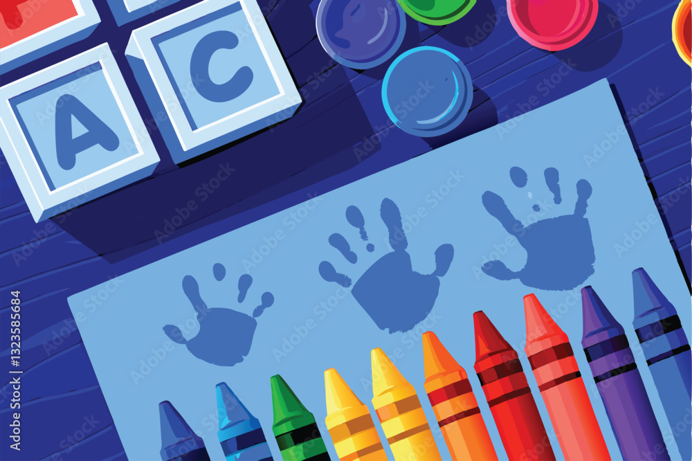 Poster vibrant seamless pattern featuring colorful alphabet blocks drawn in a crayon style, ideal for child