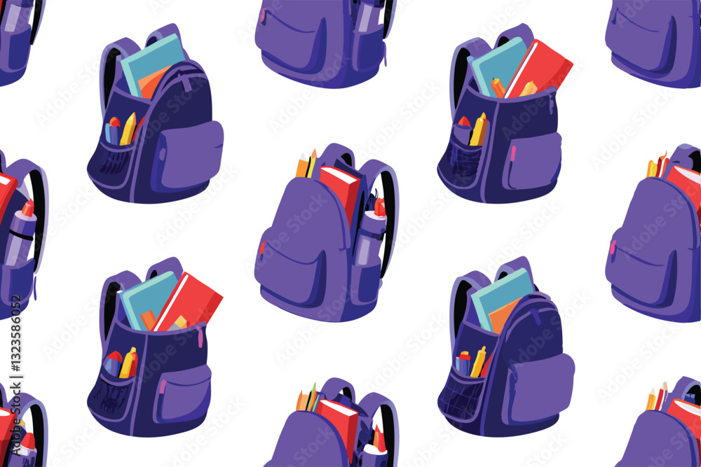 Poster create a seamless vector pattern featuring various styles of backpacks overflowing with colorful boo