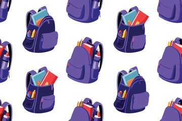 Create a seamless vector pattern featuring various styles of backpacks overflowing with colorful books.  Include diverse backpack designs and book sizes.