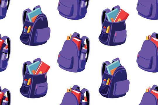 Create a seamless vector pattern featuring various styles of backpacks overflowing with colorful books.  Include diverse backpack designs and book sizes.