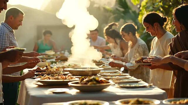 Community potluck meal shared at a long table with cultural dishes