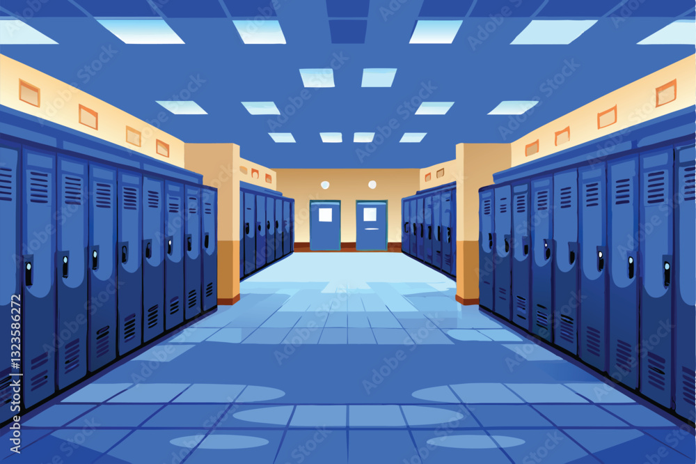Poster create a seamless vector pattern depicting a repeating design of school hallways, including lockers,