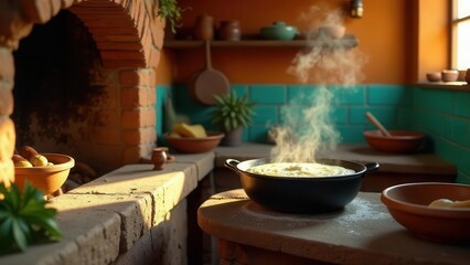 Rustic kitchen scene featuring a steaming pot of creamy food on a sunlit countertop near a brick oven