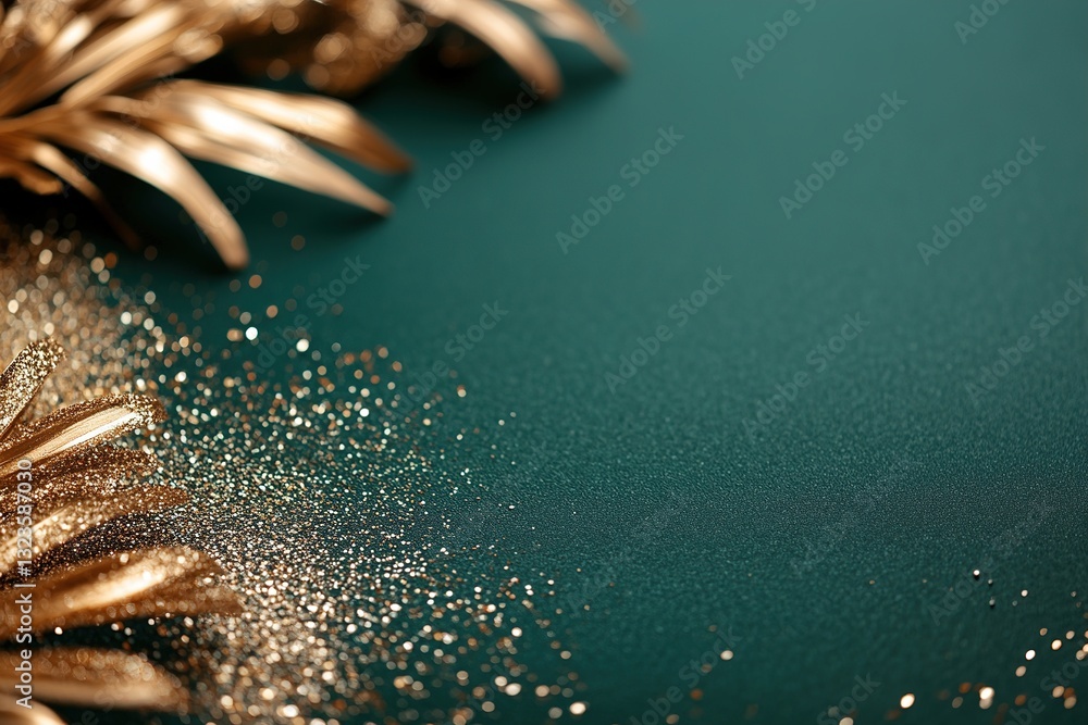 Poster deep emerald green backdrop adorned with a sparkling gold glitter frame. tiny golden flecks enhance 