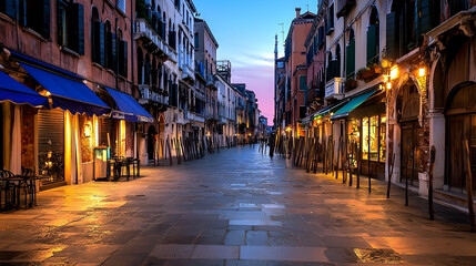 Fototapeta premium Evening Scene Of A Historic Street In Venice Italy With Illuminated Shops And Buildings Reflecting On Cobblestones And Water
