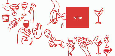 Isolated vector set of wine and alcoholic beverage glasses and tumblers. Hands. Hand drawn sketch.Red and black drawing on white background.Cocktails, martini, whiskey, cognac. Wine appetisers, cheese