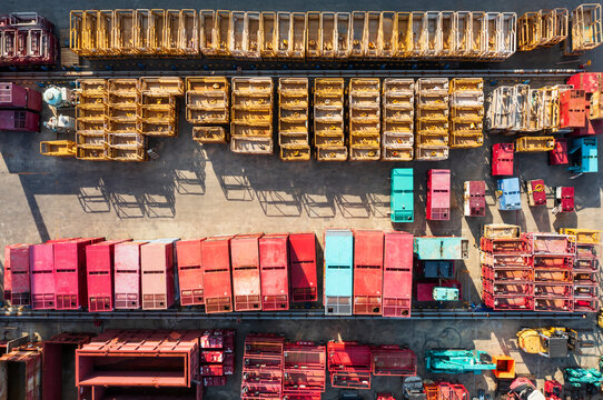 Aerial View of Colorful Construction Equipment and Containers
