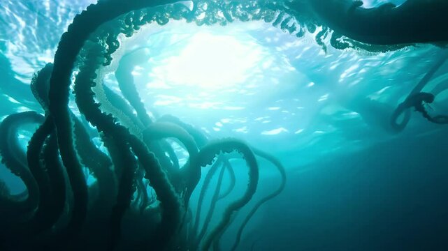Tilt up establishing video, back light, the camera tilts up revealing dark black sea tentacles silhouetted against the bright surface of the ocean