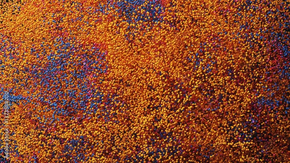 Poster 3d render of abstract particle flow video animation with 3d small particle in orange, red, purple, a